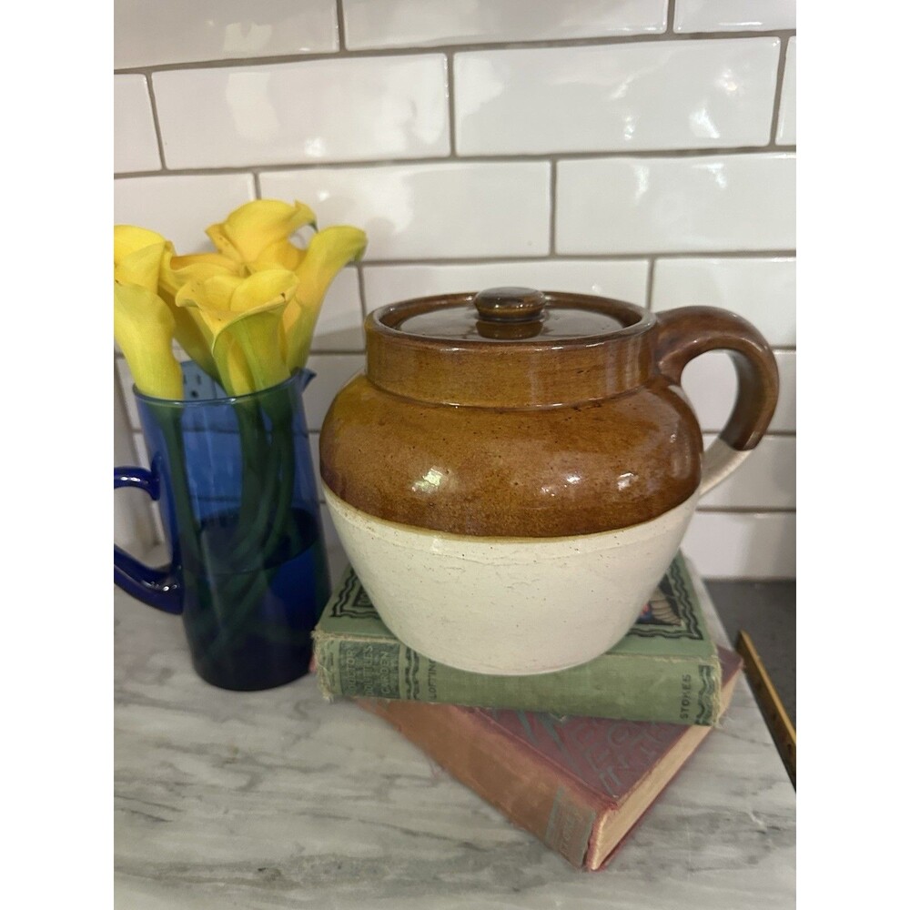 Vintage Antique Stoneware 2 Tone Brown One Handle Crock Bean Pot Americana